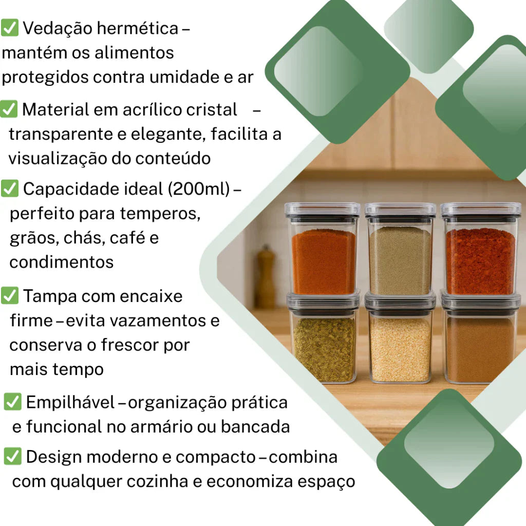 Kit Potes Herméticos Acrílico Cristal 200ml Empilháveis | Organizador de Alimentos com Vedação Premium