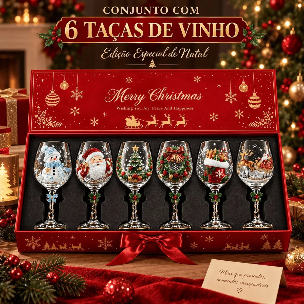 Conjunto de Taças de Vinho Especial de Natal | Vidro 3D Natalinas
